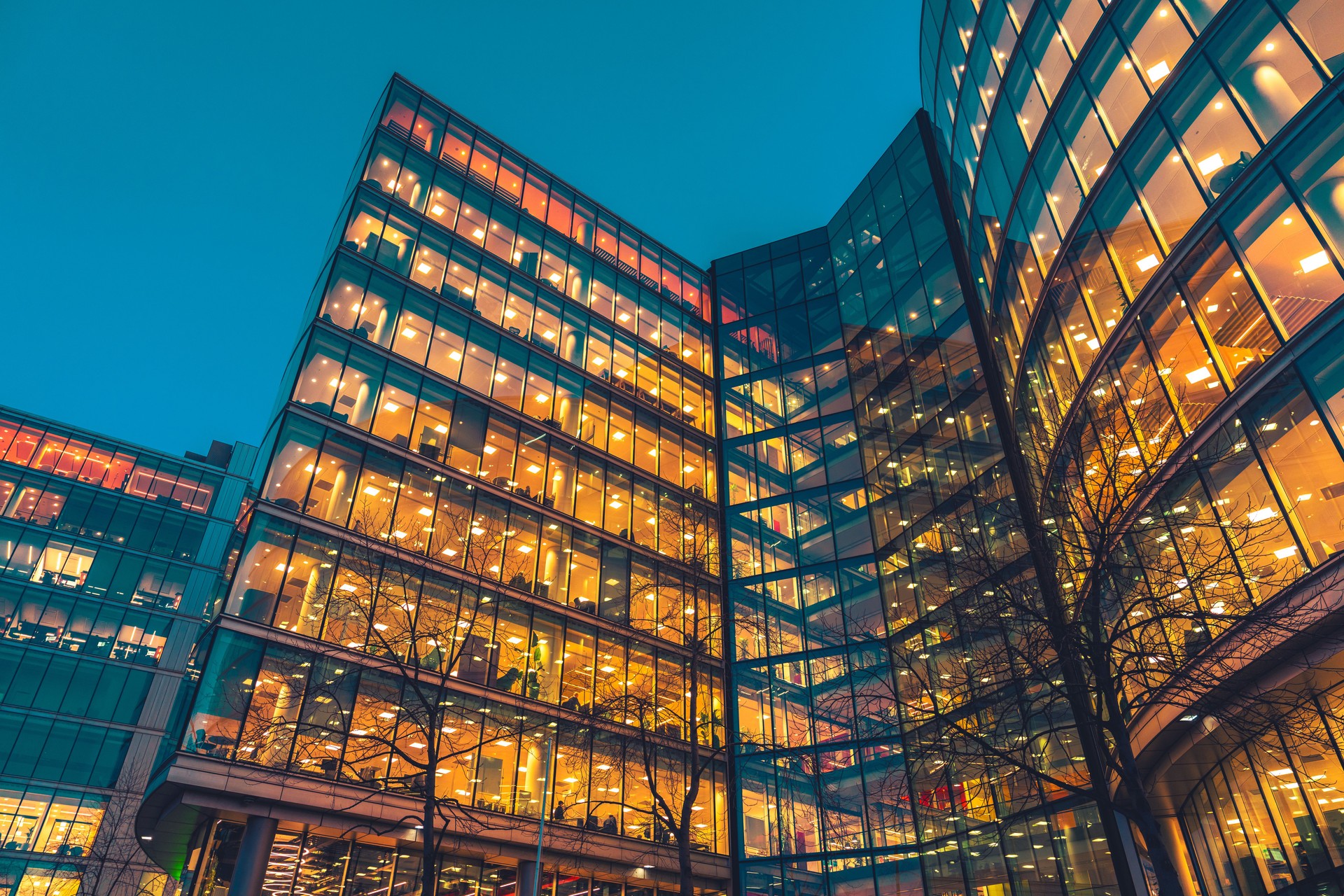 Illuminated office buildings in London at Night